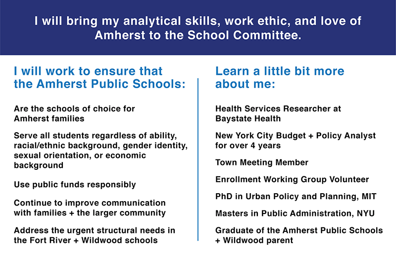 A postcard outlining reasons to vote for Kerry Spitzer for Amherst School Committee