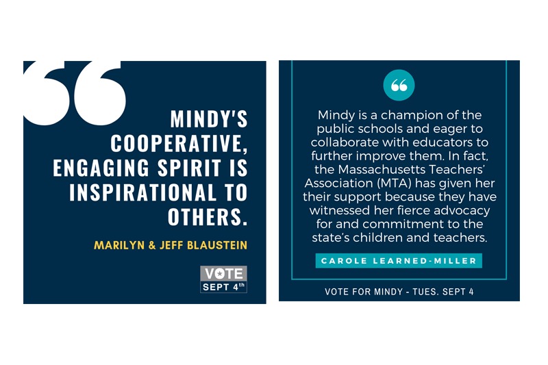 Two social media images with quotes from constituents voting for Mindy Domb