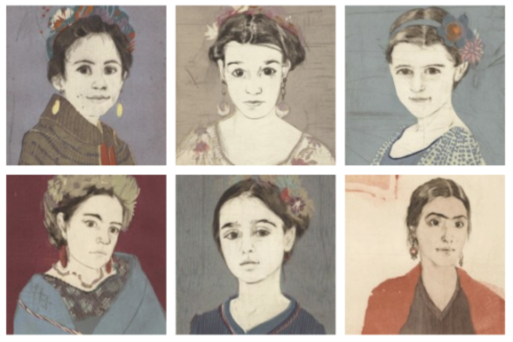 Six of Ellen Heck's Forty Fridas paintings